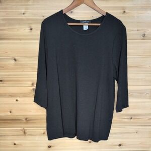 Yushi Womens Black Textured Knit 3/4 Sleeve Scoop Neck Top Large